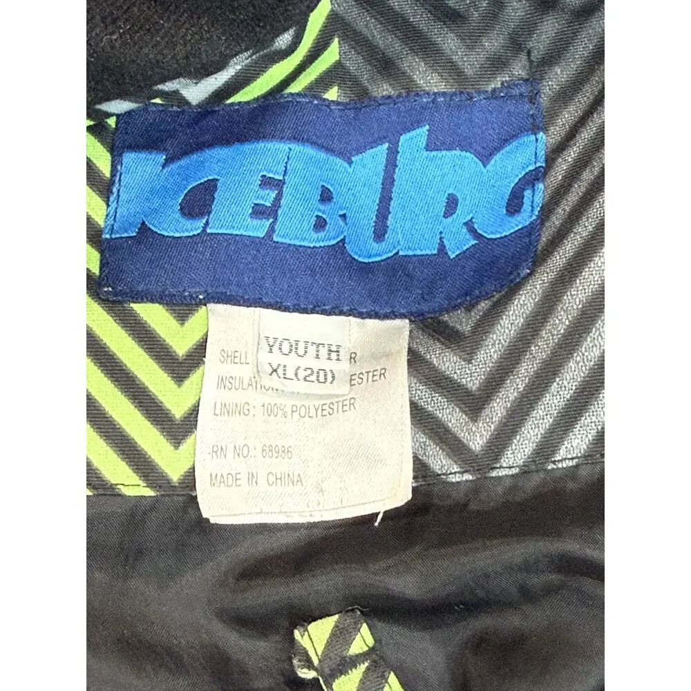 Y2K ICEBURG Youth XL Ski Jacket Chevron Snowboard Coat Black Green Hooded